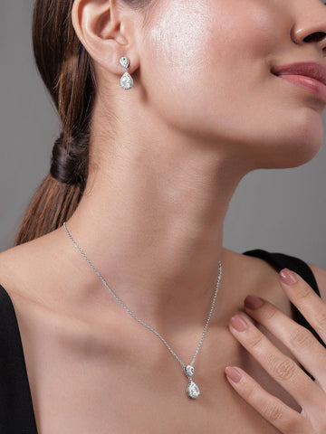 Rhodium Plated CZ Studded Teardrop Necklace Set Pendant and Earrings
