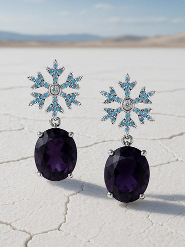 Rhodium Plated Dark Blue Crystal & Turquoise Blue Zirconia Studded Floral Drop Earrings Drop Earrings