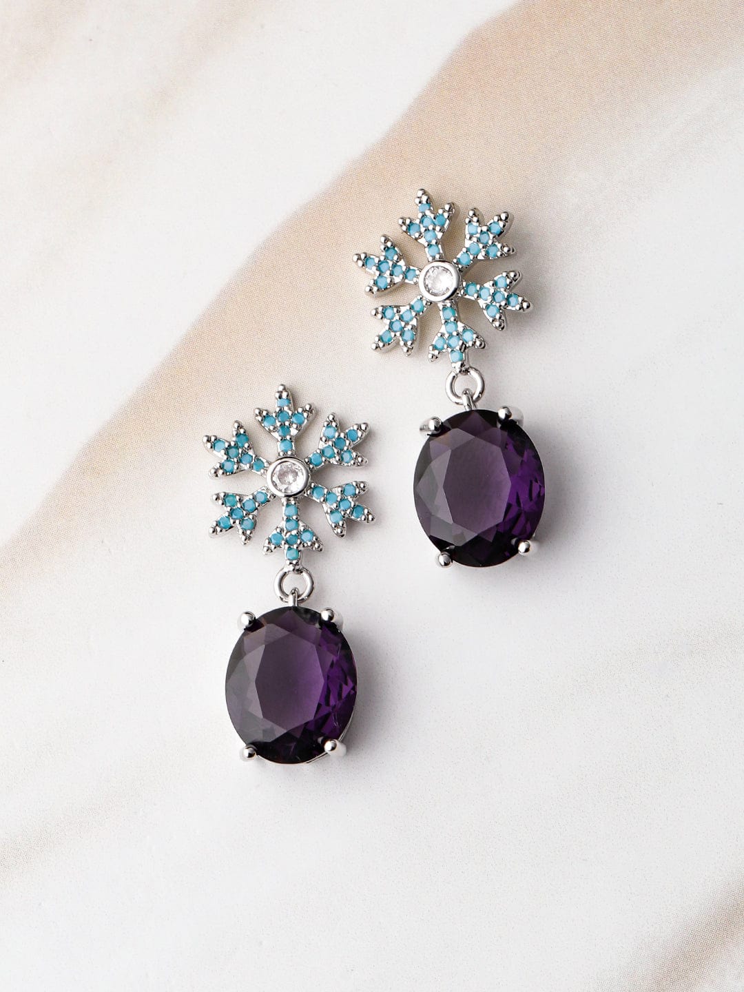 Rhodium Plated Dark Blue Crystal & Turquoise Blue Zirconia Studded Floral Drop Earrings Drop Earrings