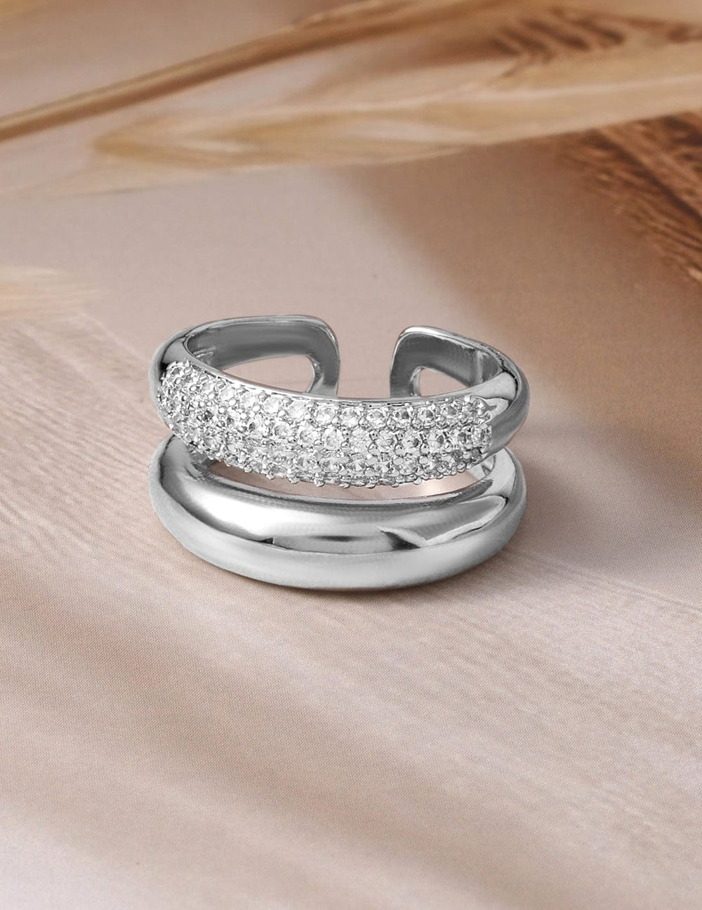 Rhodium-Plated Dual Band Adjustable Cubic Zirconia Ring Finger Ring