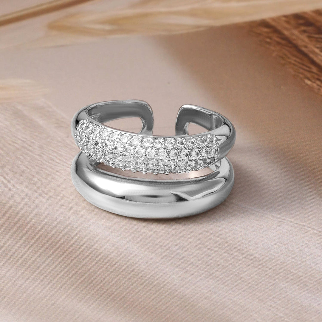 Rhodium-Plated Dual Band Adjustable Cubic Zirconia Ring Finger Ring