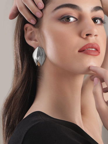 Rhodium Plated Dual-Tone Gold & Silver Sculpted Leaf Design Stud Earrings Earrings