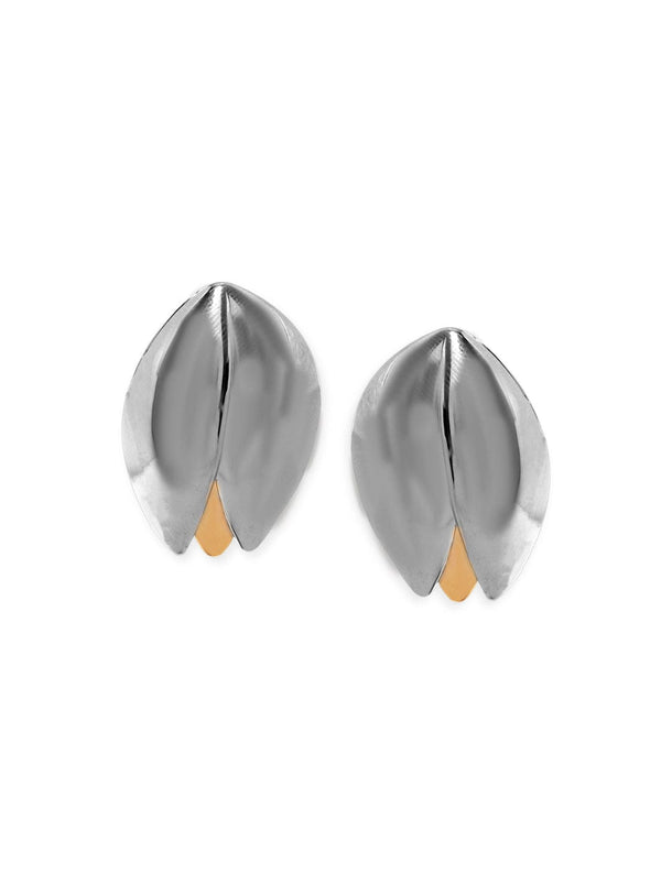 Rhodium Plated Dual-Tone Gold & Silver Sculpted Leaf Design Stud Earrings Earrings