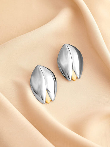 Rhodium Plated Dual-Tone Gold & Silver Sculpted Leaf Design Stud Earrings Stud Earrings