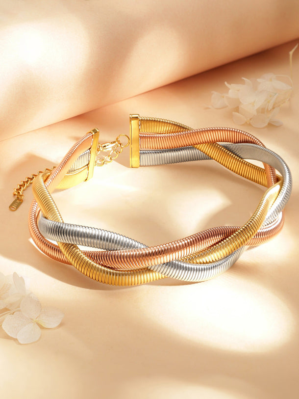 Rhodium Plated dual tone of 3 layered twisted choker Necklaces, Necklace Sets, Chains & Mangalsutra