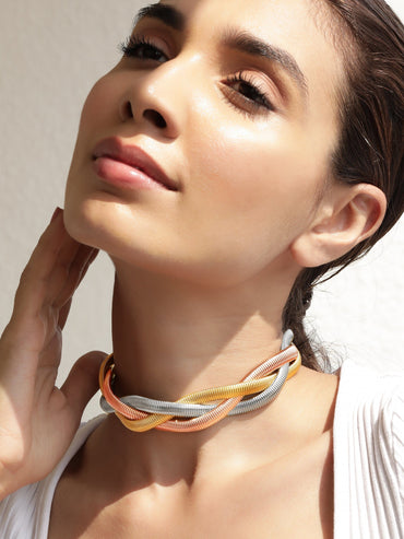 Rhodium Plated dual tone of 3 layered twisted choker Necklaces, Necklace Sets, Chains & Mangalsutra