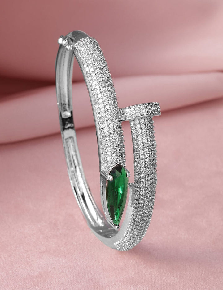 Rhodium-Plated Emerald & Cubic Zirconia Studded Bangle Style Bracelet NA