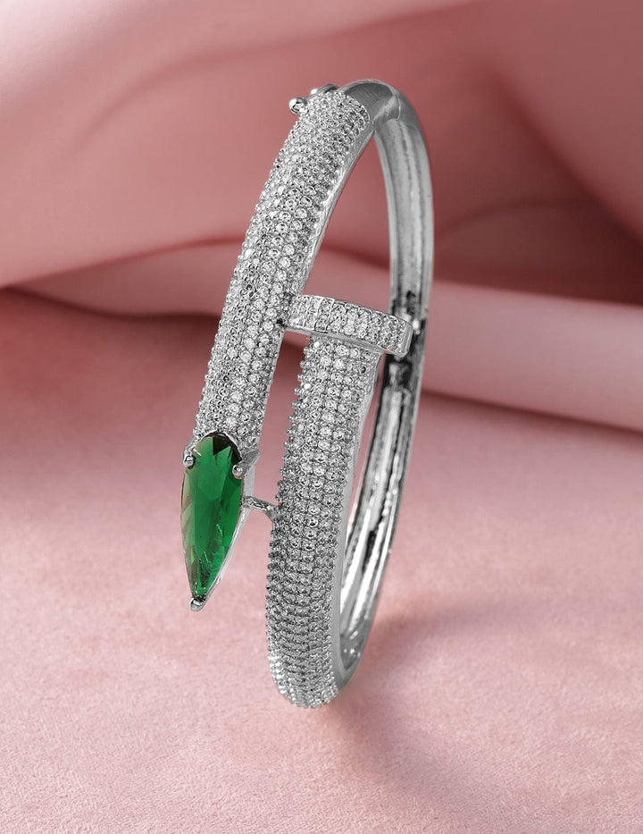 Rhodium-Plated Emerald & Cubic Zirconia Studded Bangle Style Bracelet NA