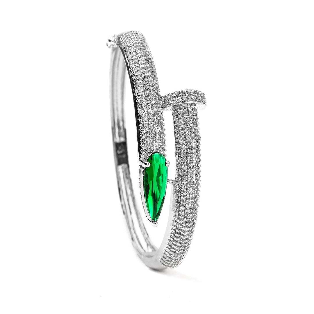 Rhodium-Plated Emerald & Cubic Zirconia Studded Bangle Style Bracelet NA