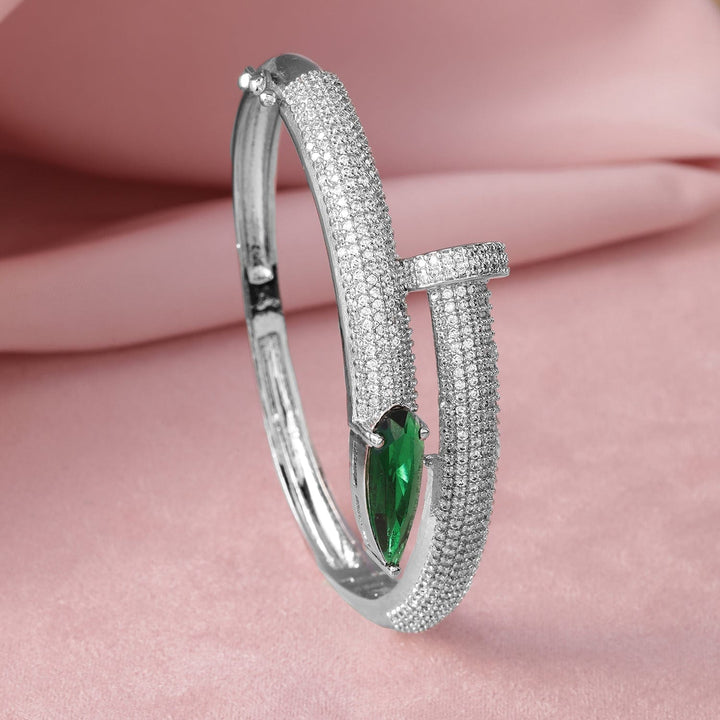 Rhodium-Plated Emerald & Cubic Zirconia Studded Bangle Style Bracelet NA