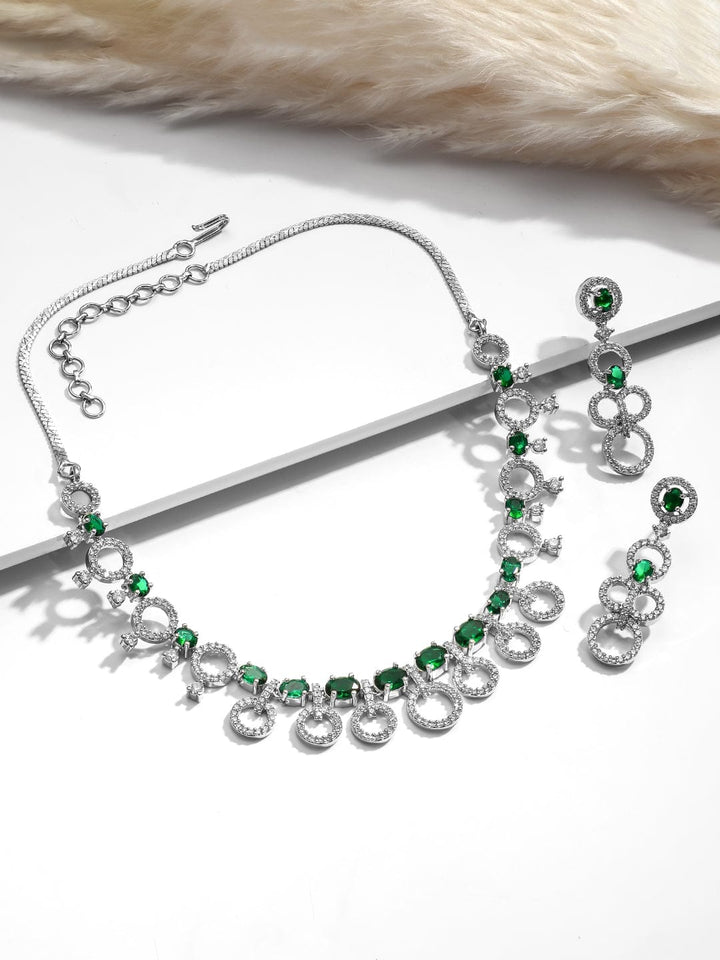 Rhodium Plated Emerald & Cubic Zirconia Studded Circular Link Jewellery Set Jewellery Set