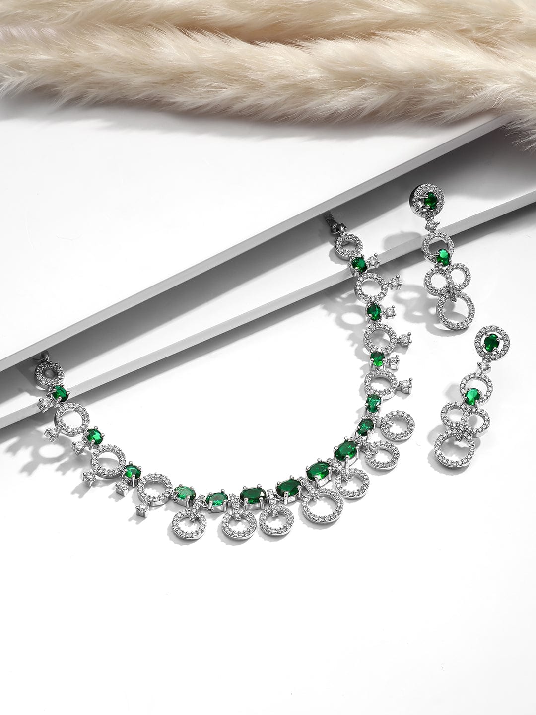 Rhodium Plated Emerald & Cubic Zirconia Studded Circular Link Jewellery Set Jewellery Set