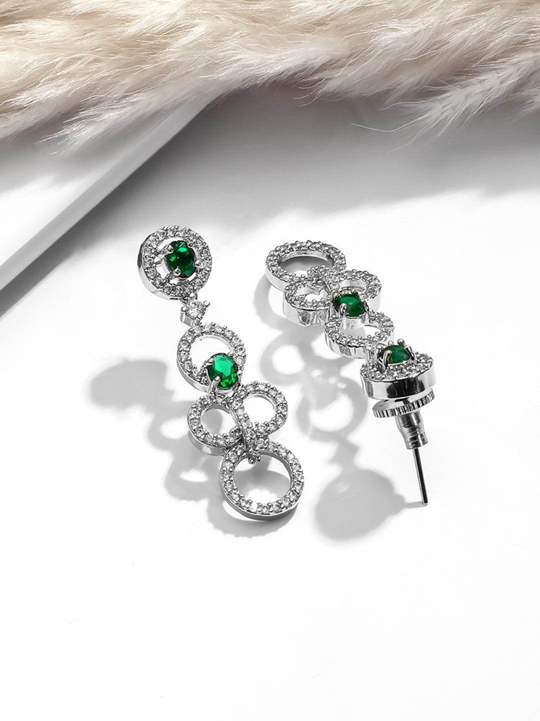 Rhodium Plated Emerald & Cubic Zirconia Studded Circular Link Jewellery Set Jewellery Set