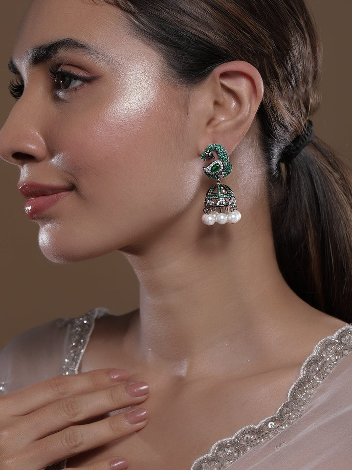 Rhodium-Plated Emerald & Cubic Zirconia Studded & Pearl Drops, Peacock Design Jhumka Earrings Jhumkas