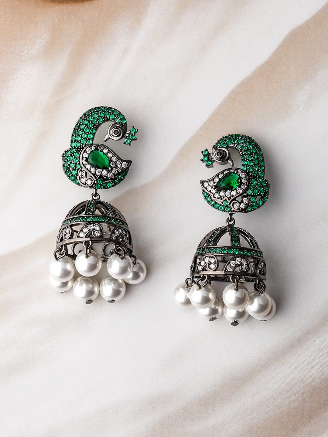 Rhodium-Plated Emerald & Cubic Zirconia Studded & Pearl Drops, Peacock Design Jhumka Earrings Jhumkas