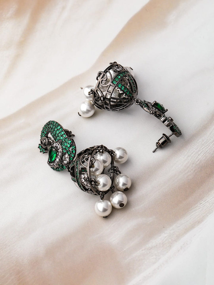 Rhodium-Plated Emerald & Cubic Zirconia Studded & Pearl Drops, Peacock Design Jhumka Earrings Jhumkas