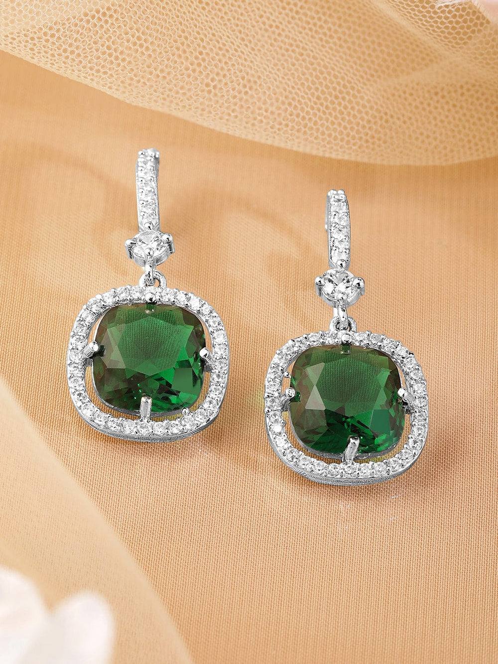 Rhodium Plated Emerald & Cubic Zirconia Studded Premium Drop Earrings Drop Earrings