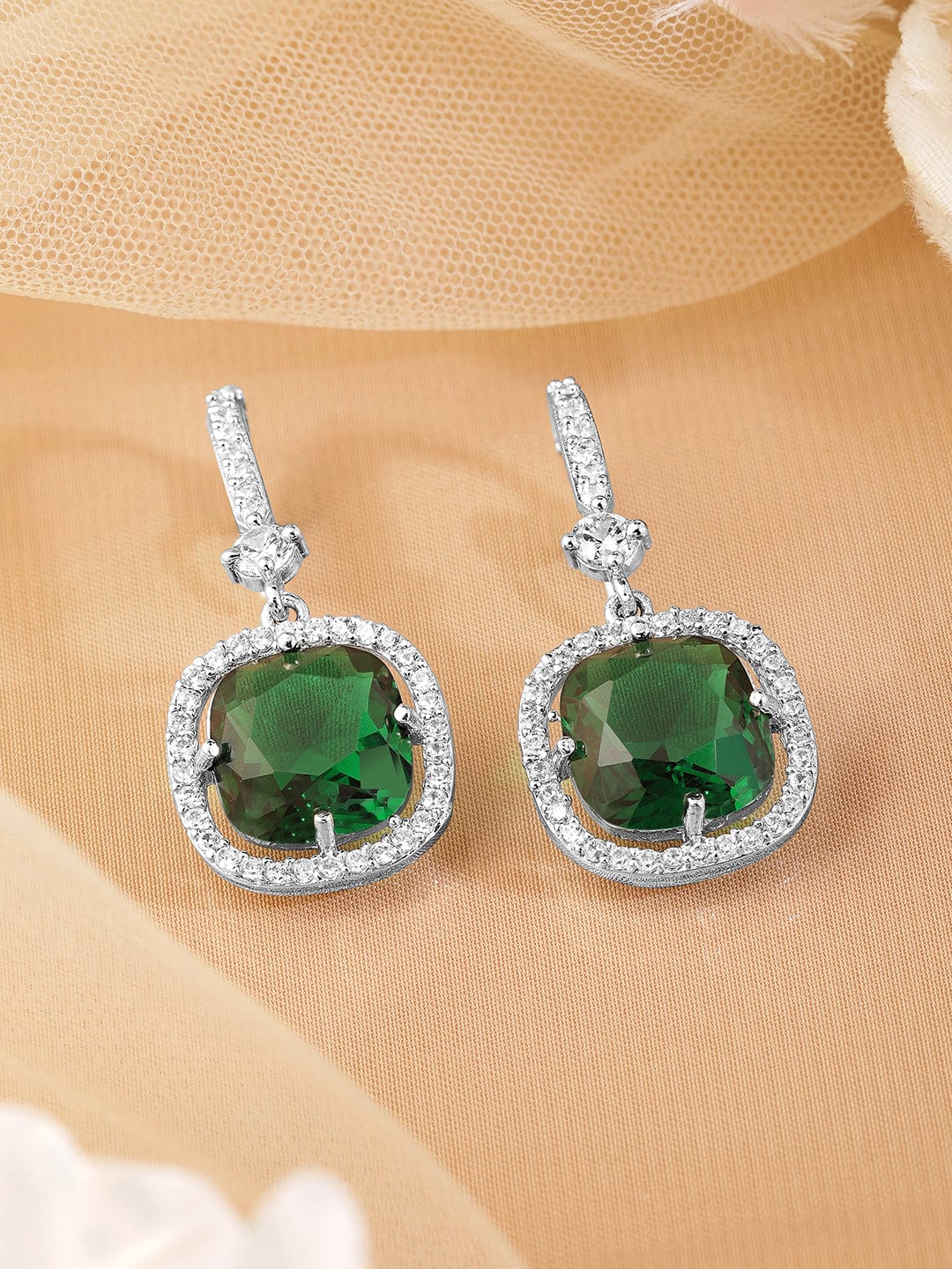 Rhodium Plated Emerald & Cubic Zirconia Studded Premium Drop Earrings Drop Earrings