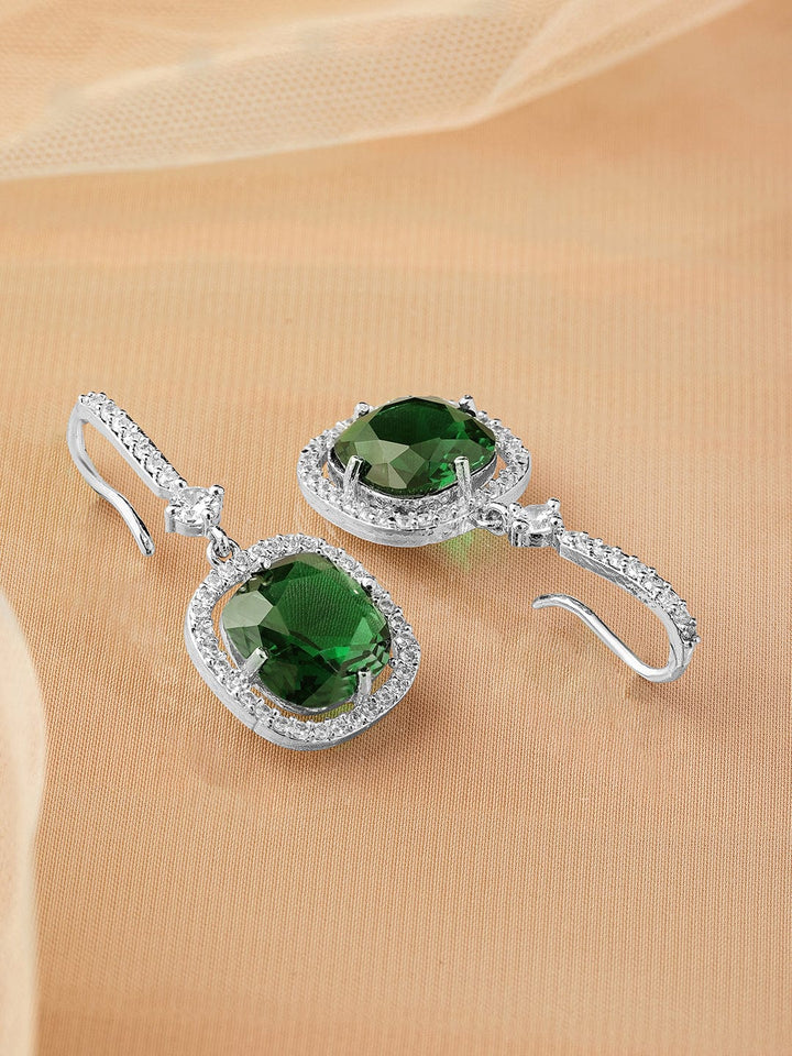 Rhodium Plated Emerald & Cubic Zirconia Studded Premium Drop Earrings Drop Earrings