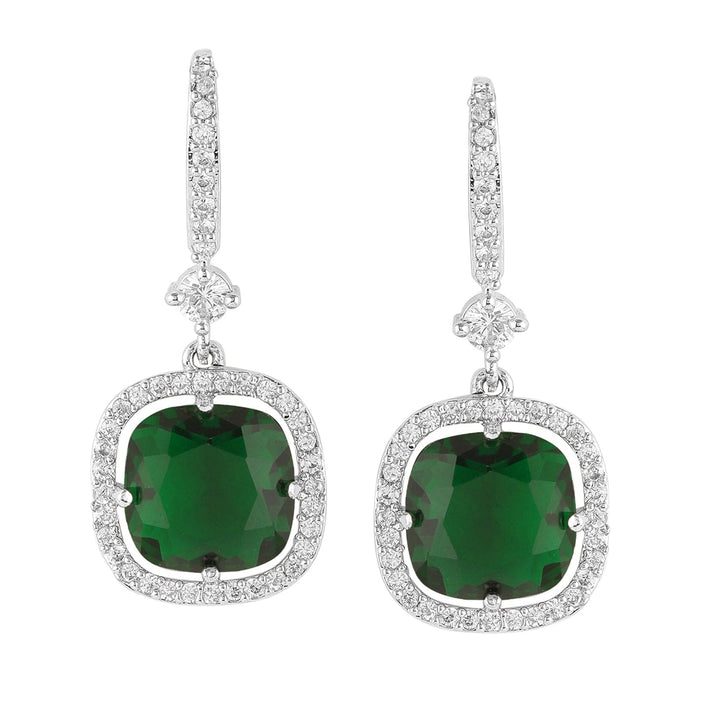 Rhodium Plated Emerald & Cubic Zirconia Studded Premium Drop Earrings Drop Earrings