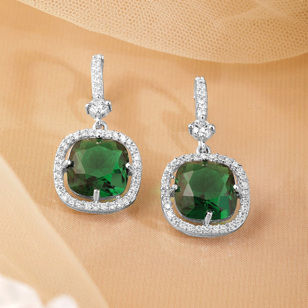 Rhodium Plated Emerald & Cubic Zirconia Studded Premium Drop Earrings Drop Earrings