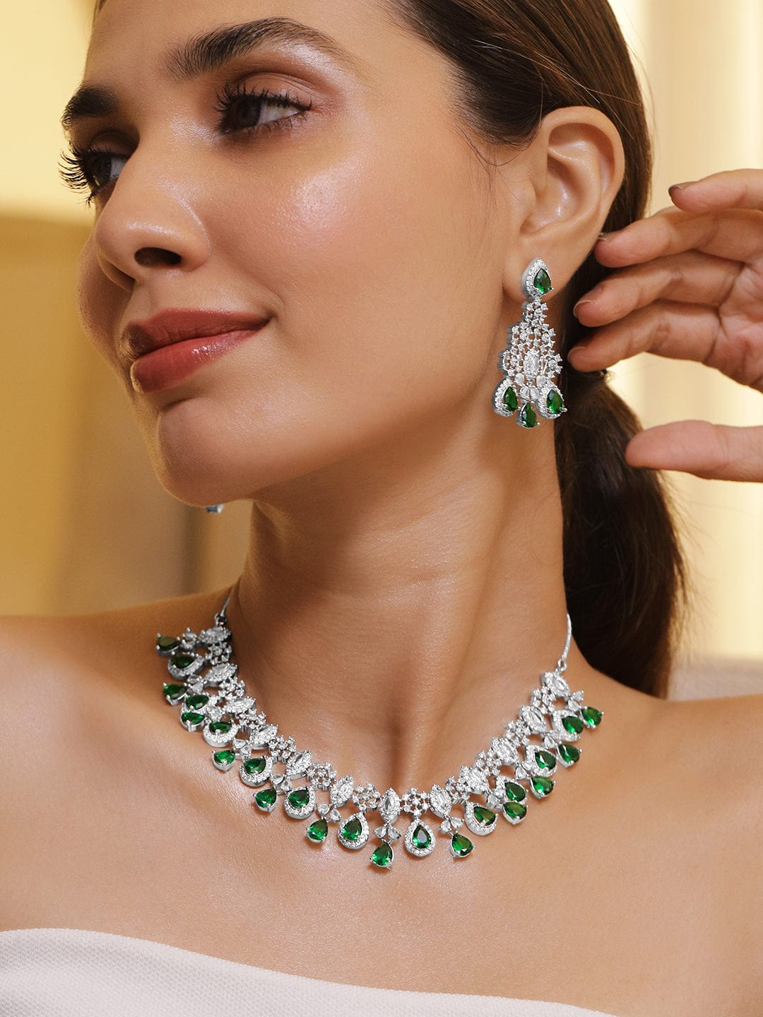 Rhodium Plated Emerald & Cubic Zirconia Studded Premium Jewellery Set Jewellery Set