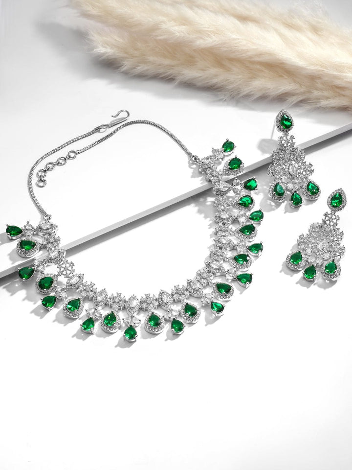 Rhodium Plated Emerald & Cubic Zirconia Studded Premium Jewellery Set Jewellery Set