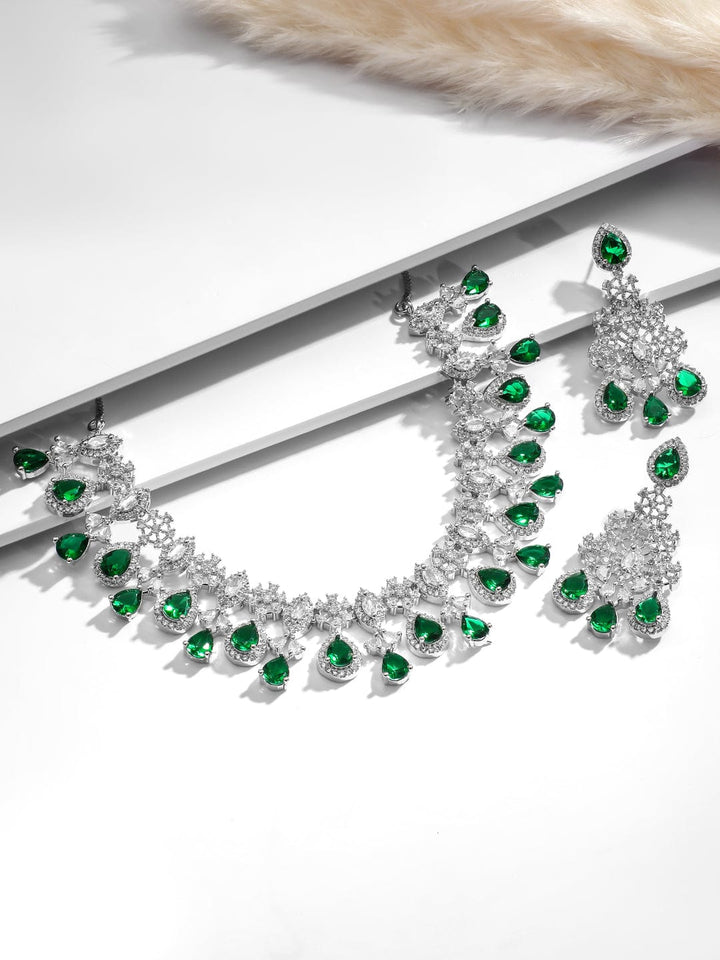 Rhodium Plated Emerald & Cubic Zirconia Studded Premium Jewellery Set Jewellery Set