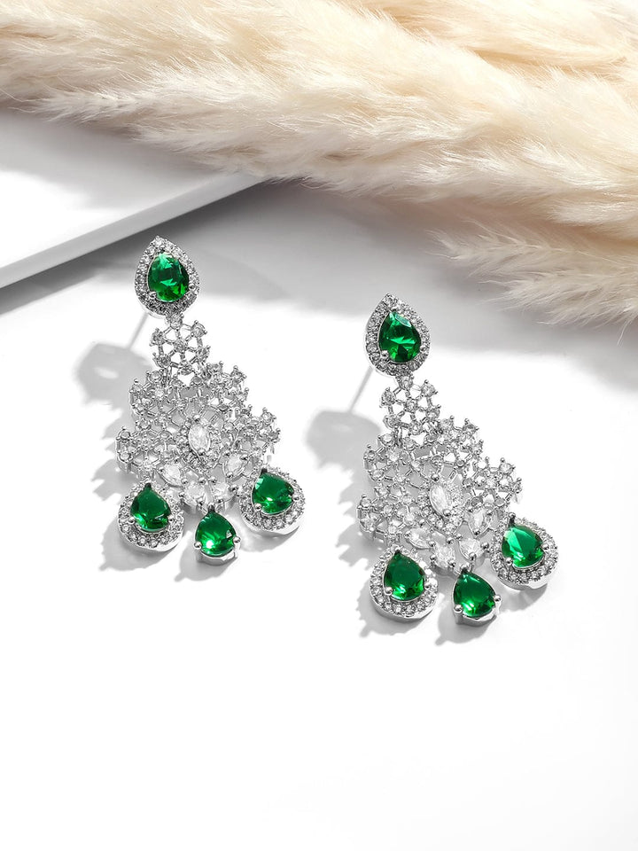 Rhodium Plated Emerald & Cubic Zirconia Studded Premium Jewellery Set Jewellery Set