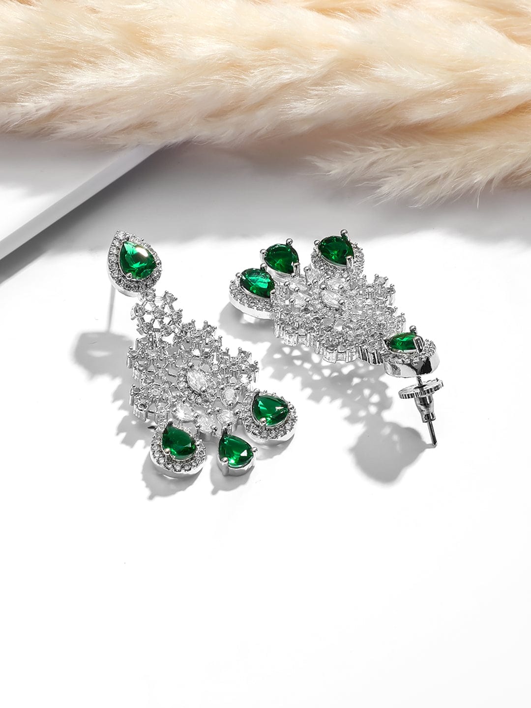 Rhodium Plated Emerald & Cubic Zirconia Studded Premium Jewellery Set Jewellery Set