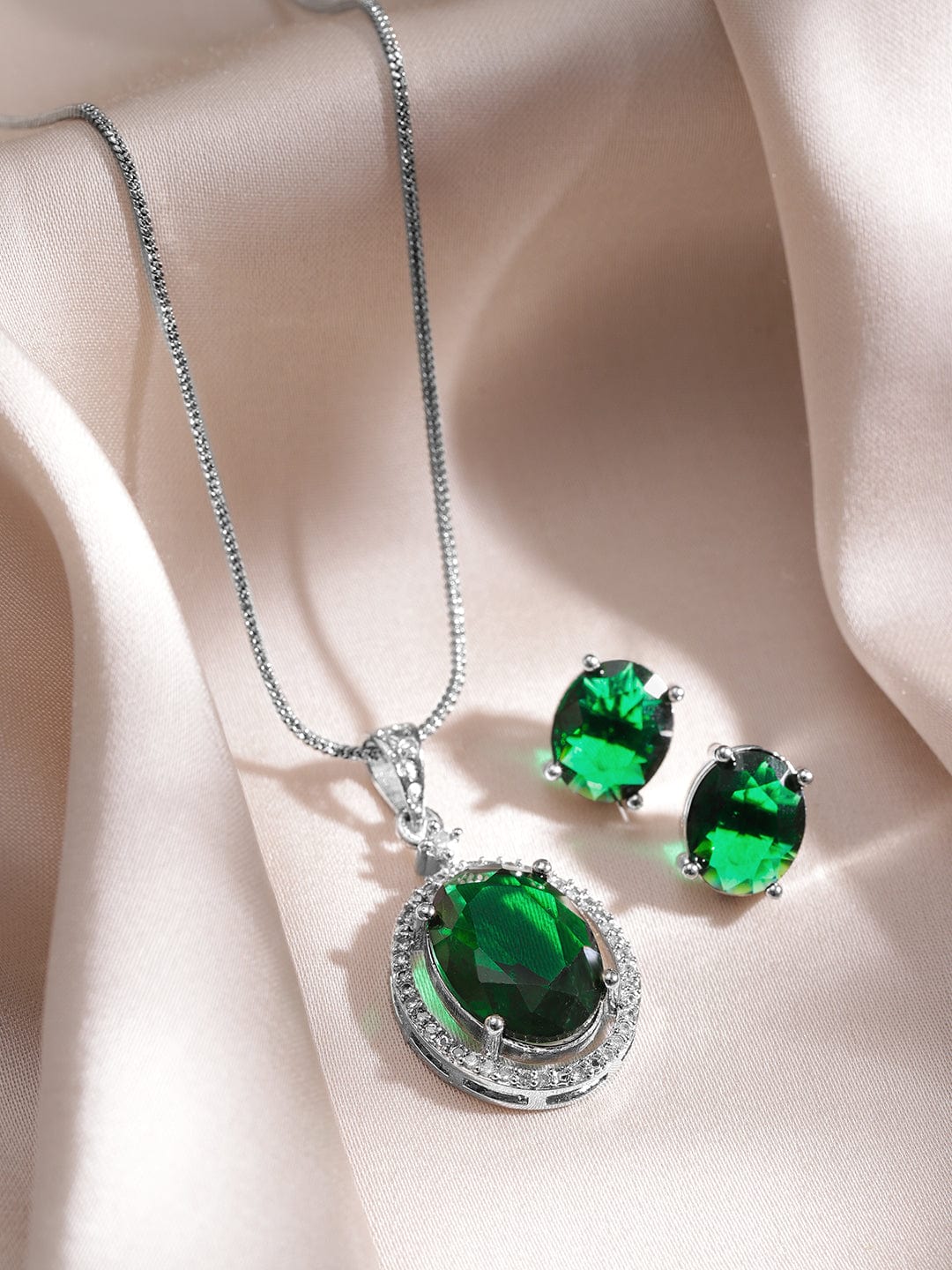 Rhodium-Plated Emerald & CZ Studded Oval Pendant Necklace Set Necklaces, Necklace Sets, Chains & Mangalsutra