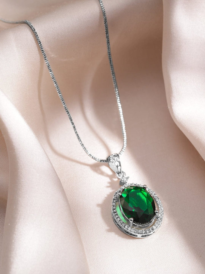 Rhodium-Plated Emerald & CZ Studded Oval Pendant Necklace Set Necklaces, Necklace Sets, Chains & Mangalsutra