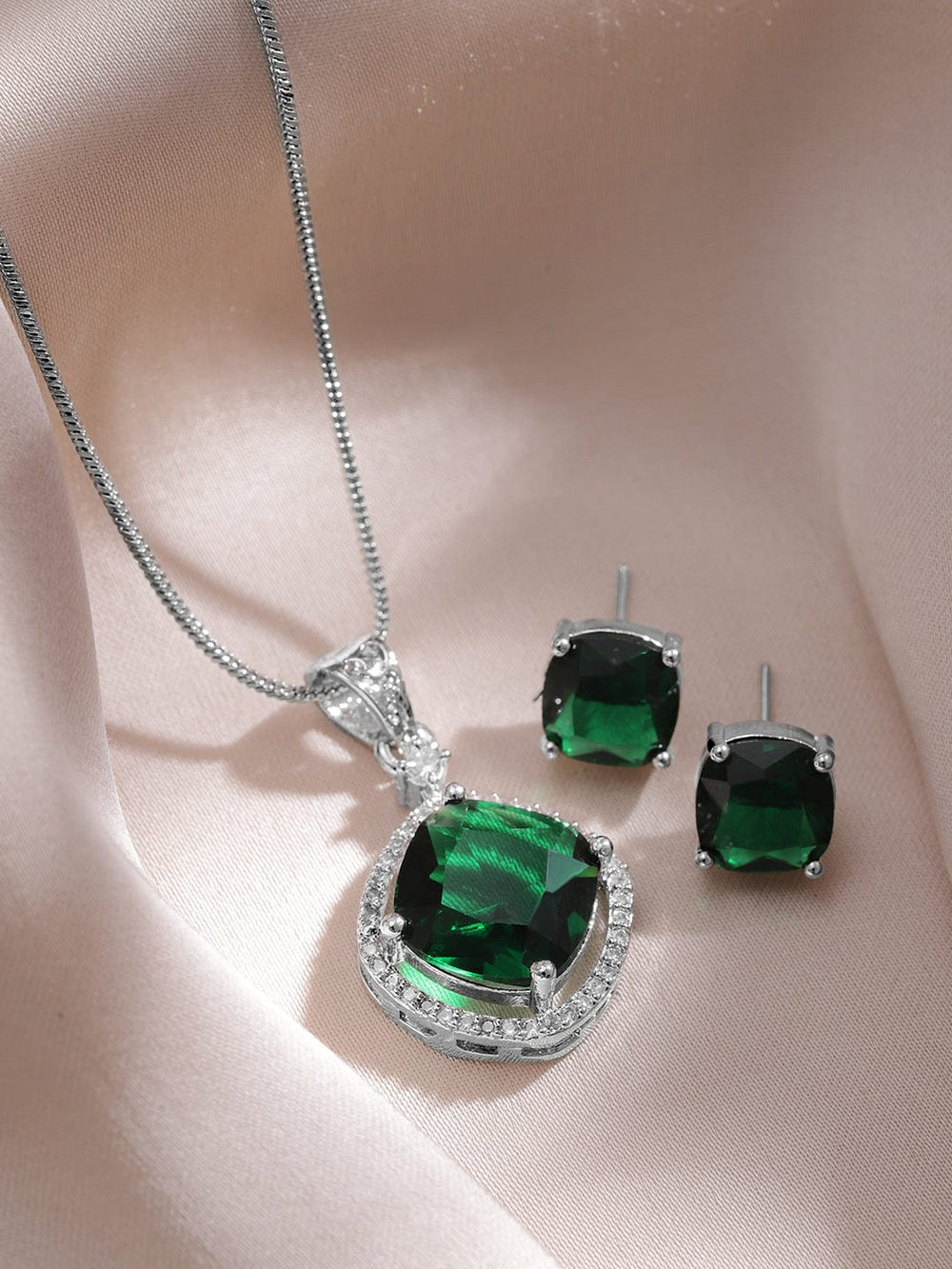 Rhodium-Plated Emerald & CZ Studded Pendant Necklace Set Necklaces, Necklace Sets, Chains & Mangalsutra