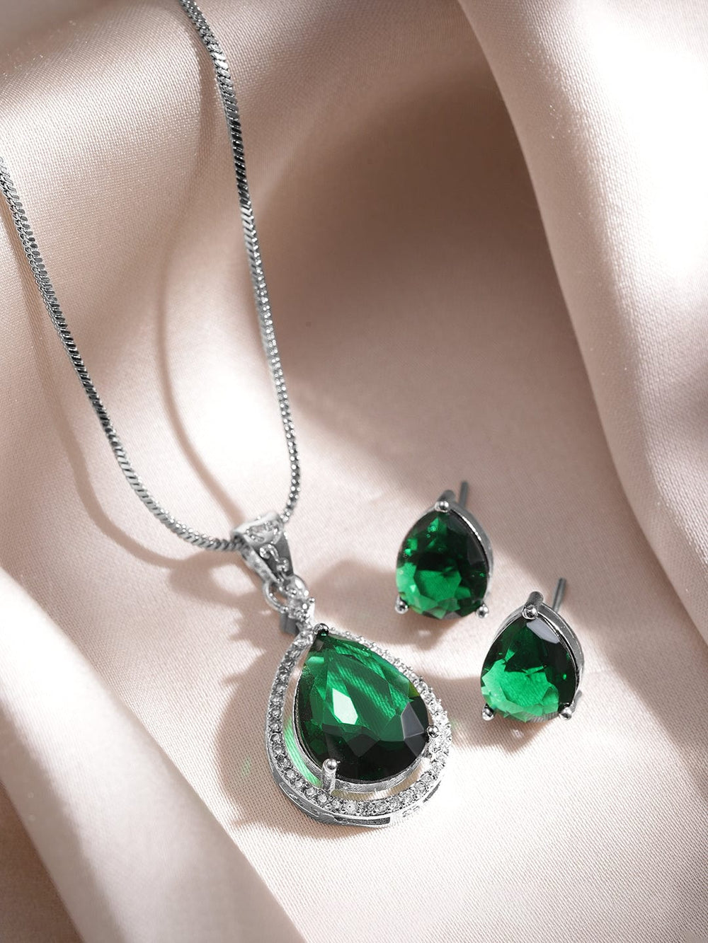 Rhodium-Plated Emerald & CZ Studded Premium Pendant Necklace Set Necklaces, Necklace Sets, Chains & Mangalsutra