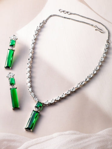 Rhodium Plated Emerald Green and White Cubic Zirconia Studded Statement Necklace Set Necklace Set