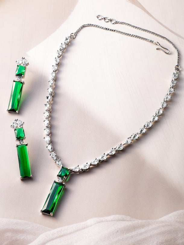 Rhodium Plated Emerald Green and White Cubic Zirconia Studded Statement Necklace Set Necklace Set