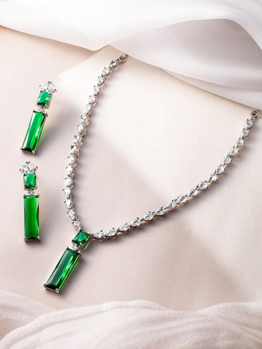 Rhodium Plated Emerald Green and White Cubic Zirconia Studded Statement Necklace Set Necklace Set