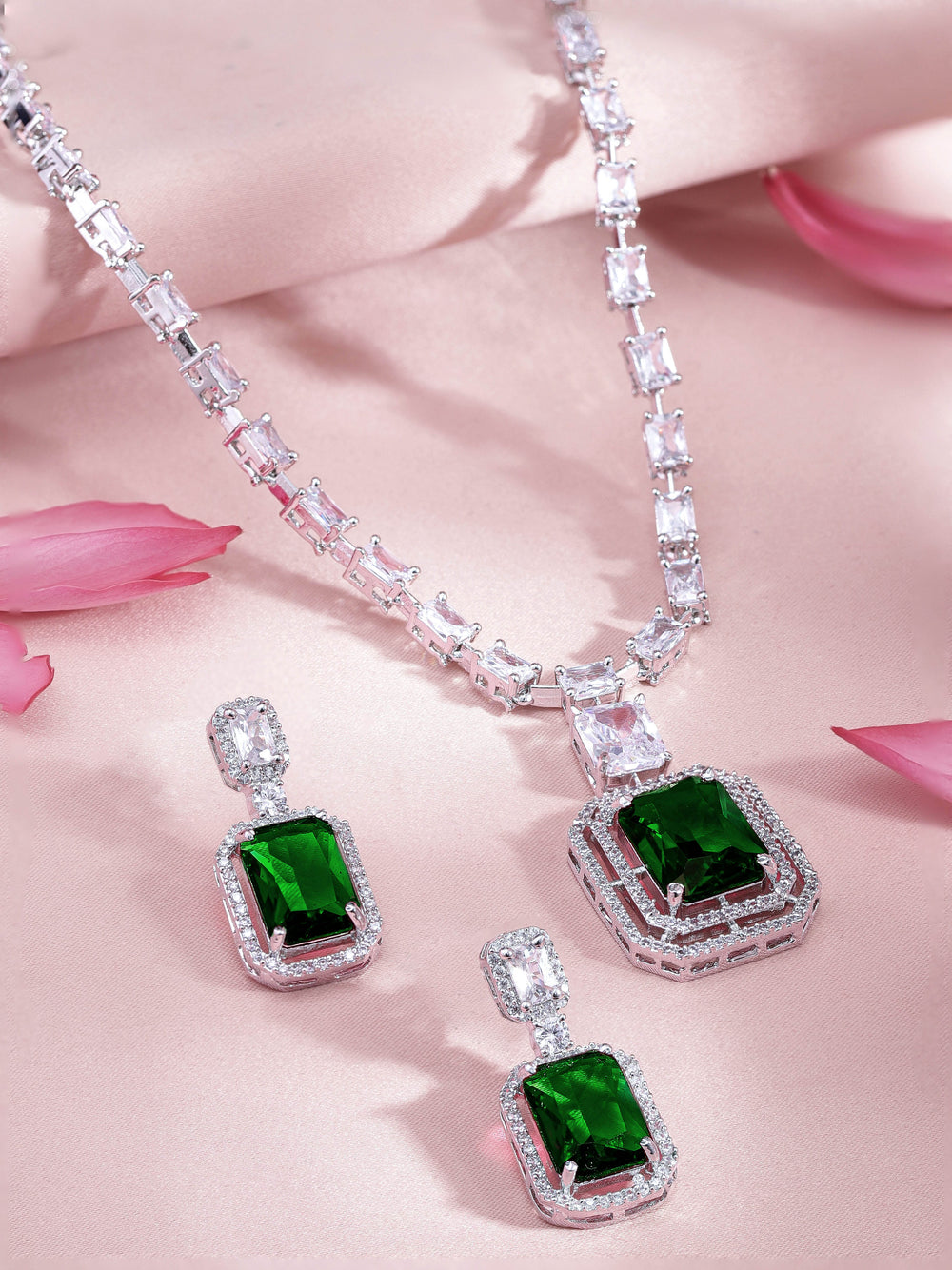 Rhodium-Plated Emerald Green & Cubic Zirconia Studded Necklace Set Jewellery Set