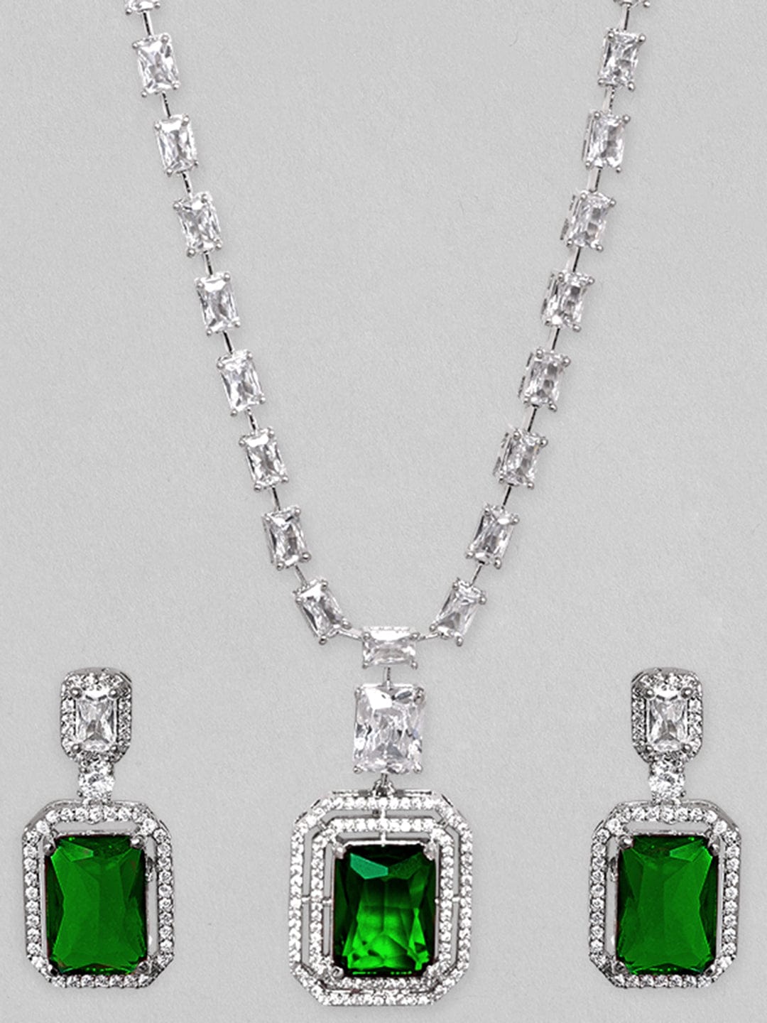 Rhodium-Plated Emerald Green & Cubic Zirconia Studded Necklace Set Jewellery Set