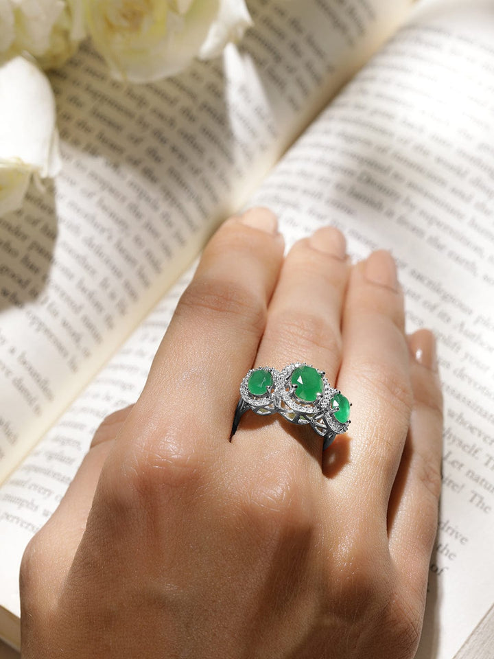 Rhodium Plated Emerald Green Zirconia Studded Ring Ring