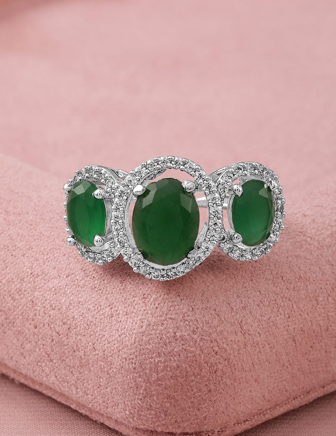 Rhodium Plated Emerald Green Zirconia Studded Ring Ring