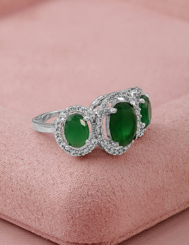 Rhodium Plated Emerald Green Zirconia Studded Ring Rings