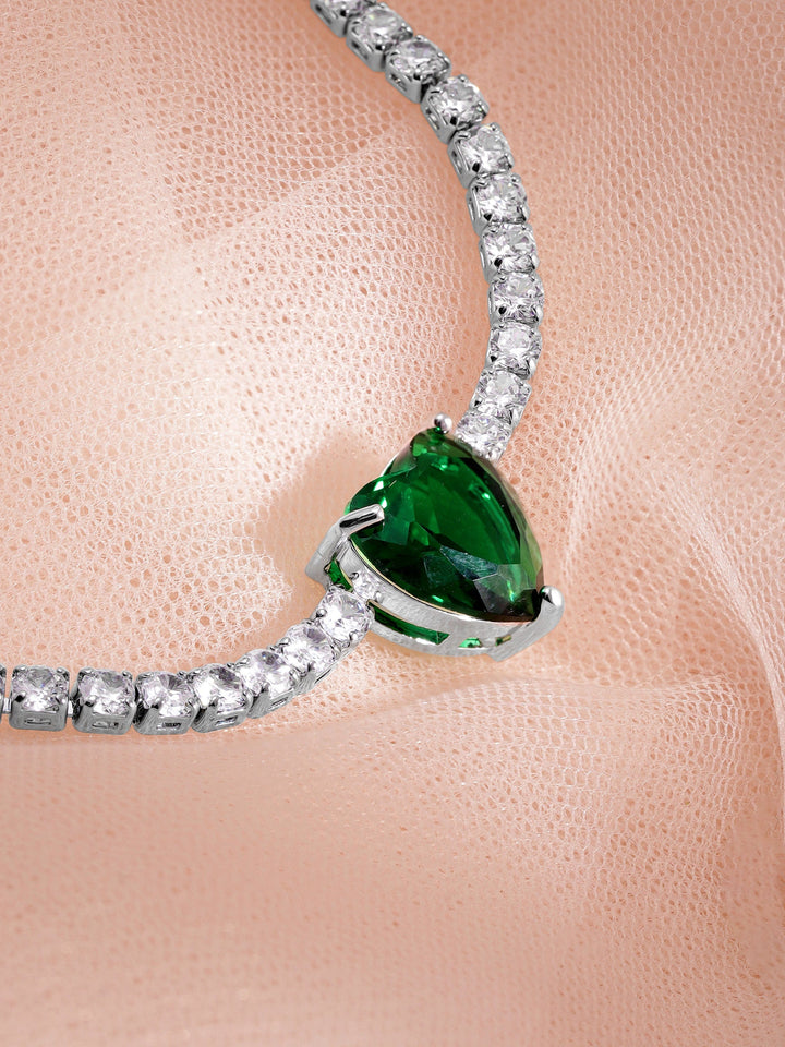 Rhodium Plated Emerald Studded Heart Shaped Zirconia Bracelet with Zirconia Accents Bangles & Bracelets