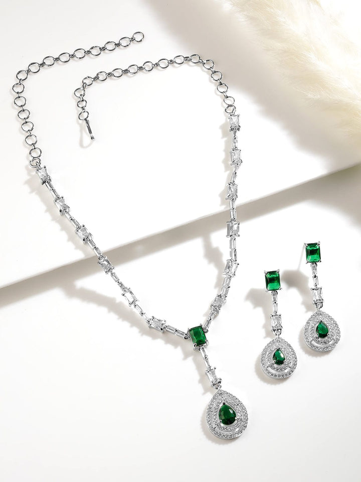 Rhodium Plated Emerald Teardrop Pendant Necklace Set with AD & Cubic Zirconia Studded Pendant and Earrings