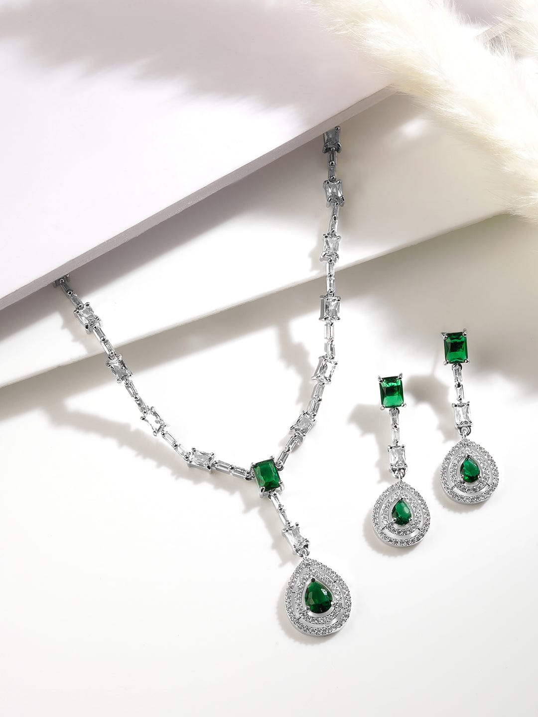 Rhodium Plated Emerald Teardrop Pendant Necklace Set with AD & Cubic Zirconia Studded Pendant and Earrings