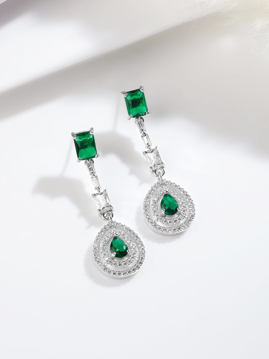 Rhodium Plated Emerald Teardrop Pendant Necklace Set with AD & Cubic Zirconia Studded Pendant and Earrings