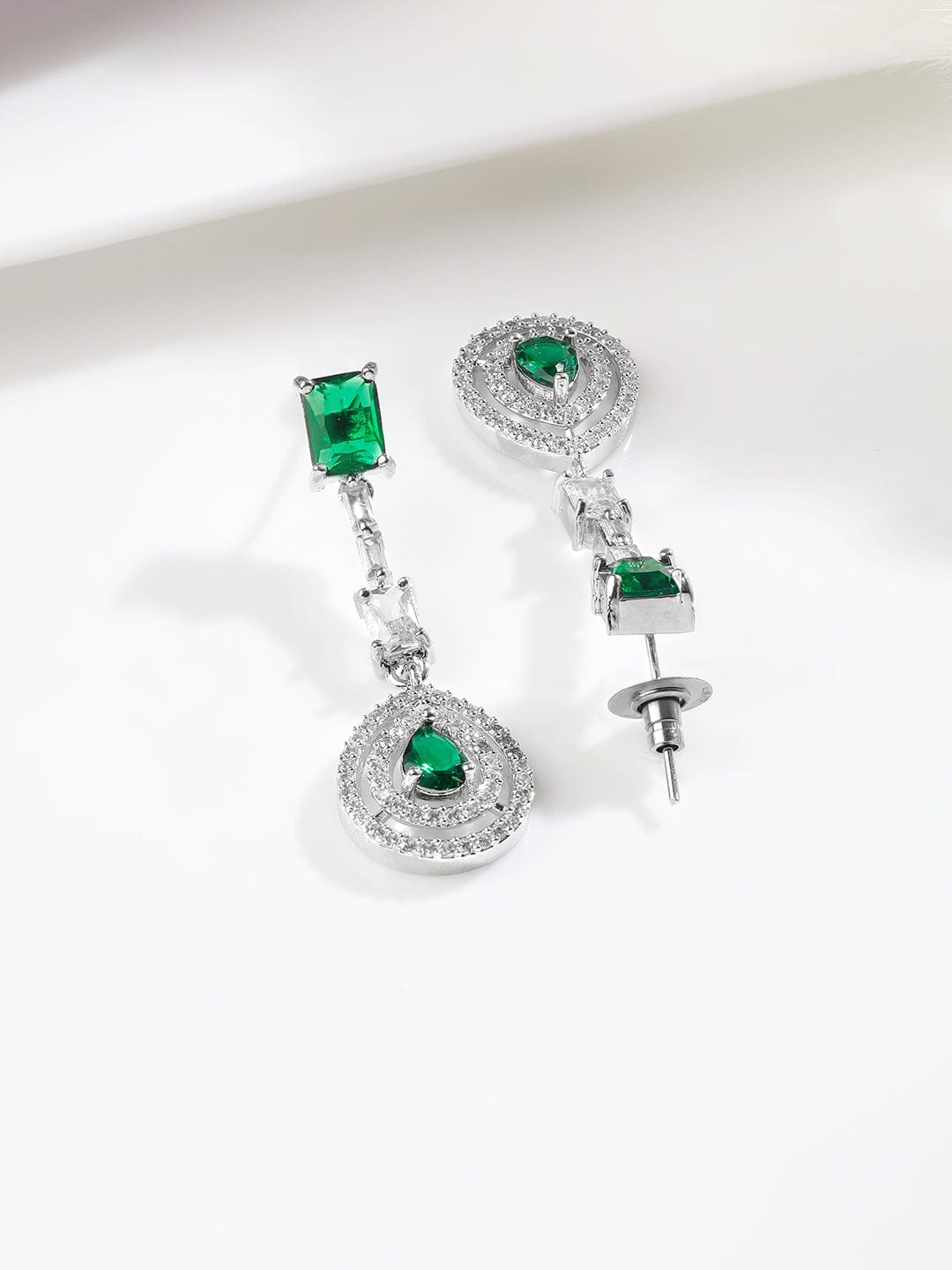 Rhodium Plated Emerald Teardrop Pendant Necklace Set with AD & Cubic Zirconia Studded Pendant and Earrings