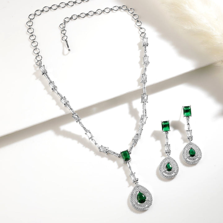 Rhodium Plated Emerald Teardrop Pendant Necklace Set with AD & Cubic Zirconia Studded Pendant and Earrings