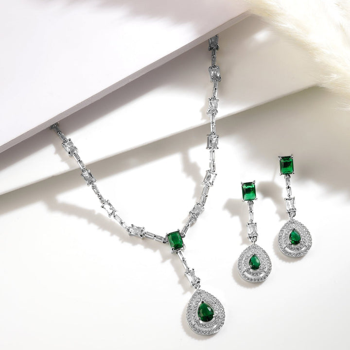 Rhodium Plated Emerald Teardrop Pendant Necklace Set with AD & Cubic Zirconia Studded Pendant and Earrings