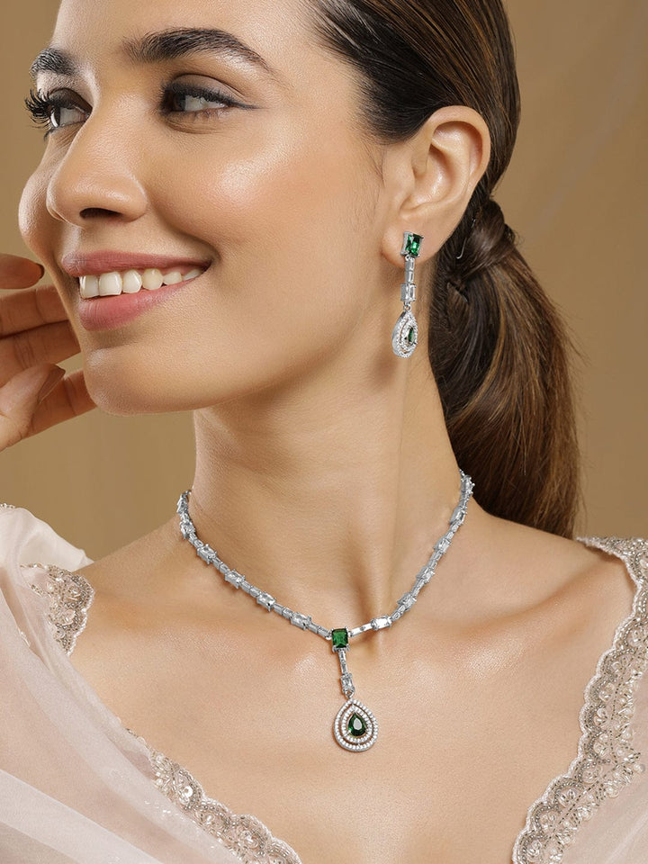 Rhodium Plated Emerald Teardrop Pendant Necklace Set with AD & Cubic Zirconia Studded Pendant and Earrings